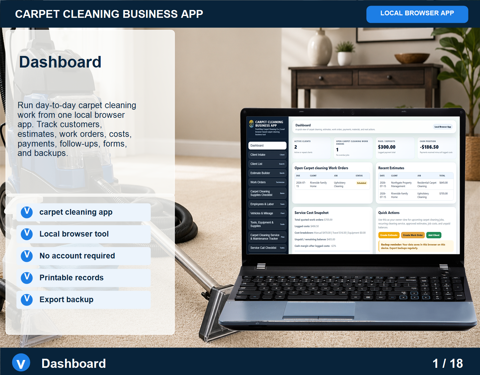 Carpet Cleaning business app Carpet Cleaning screen for service workflow management